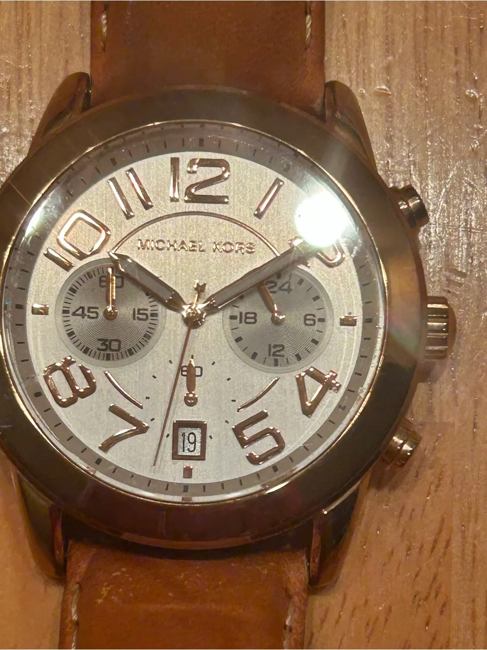 Michael Kors Rose Gold Tone Chronograph Watch with Brown Leather Strap